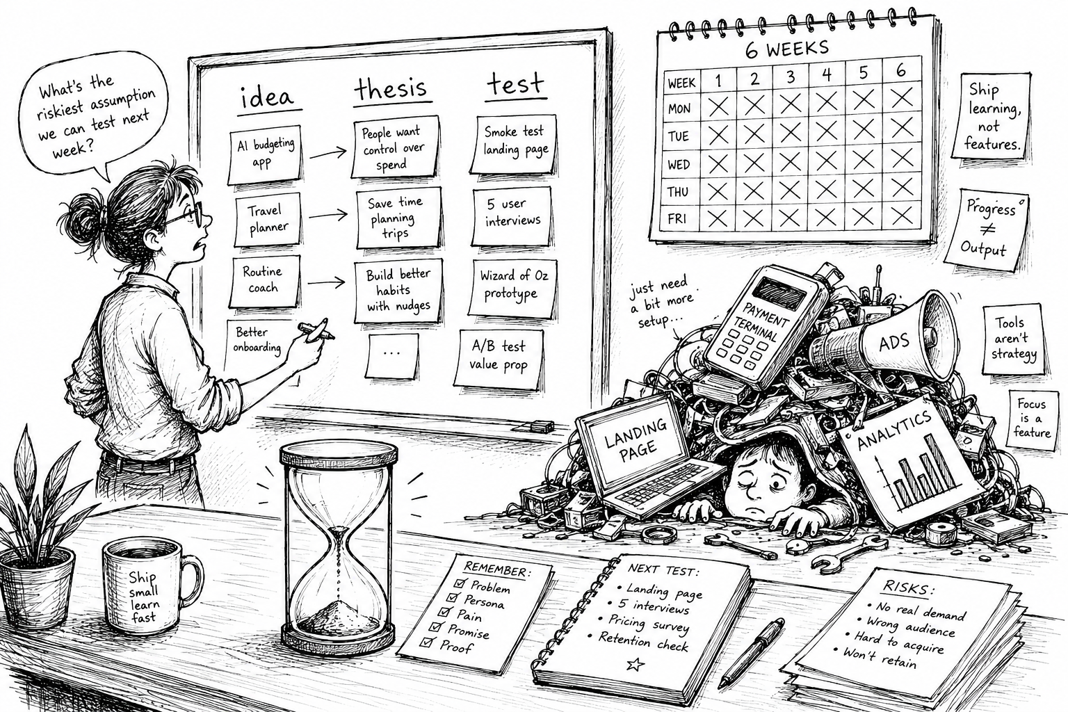 A product manager stands at a whiteboard covered in sticky notes. An hourglass sits on the desk, almost empty. A calendar shows six weeks crossed out. A small engineer figure is buried under a pile of tools: a payment terminal, a megaphone, a laptop, a bar chart.