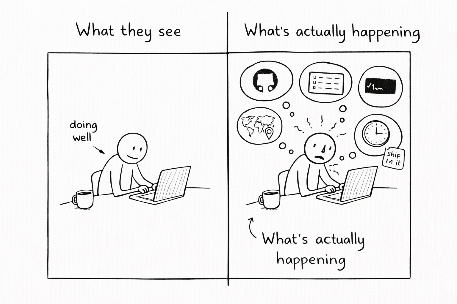 Two figures at a cafe on a weekend. One has a thought bubble: house, family, TV, scooter. The other: GitHub, a conference stage, a world map, a terminal cursor. A dotted line between them.