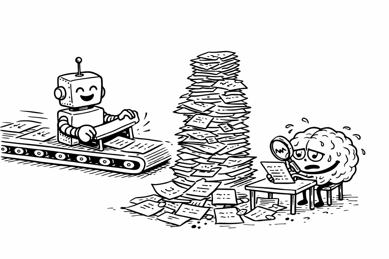 A split illustration: Left side shows a conveyor belt moving at 100mph with an AI robot stamping out code, right side shows a human with a magnifying glass inspecting each piece one by one, with a massive pile-up forming between them