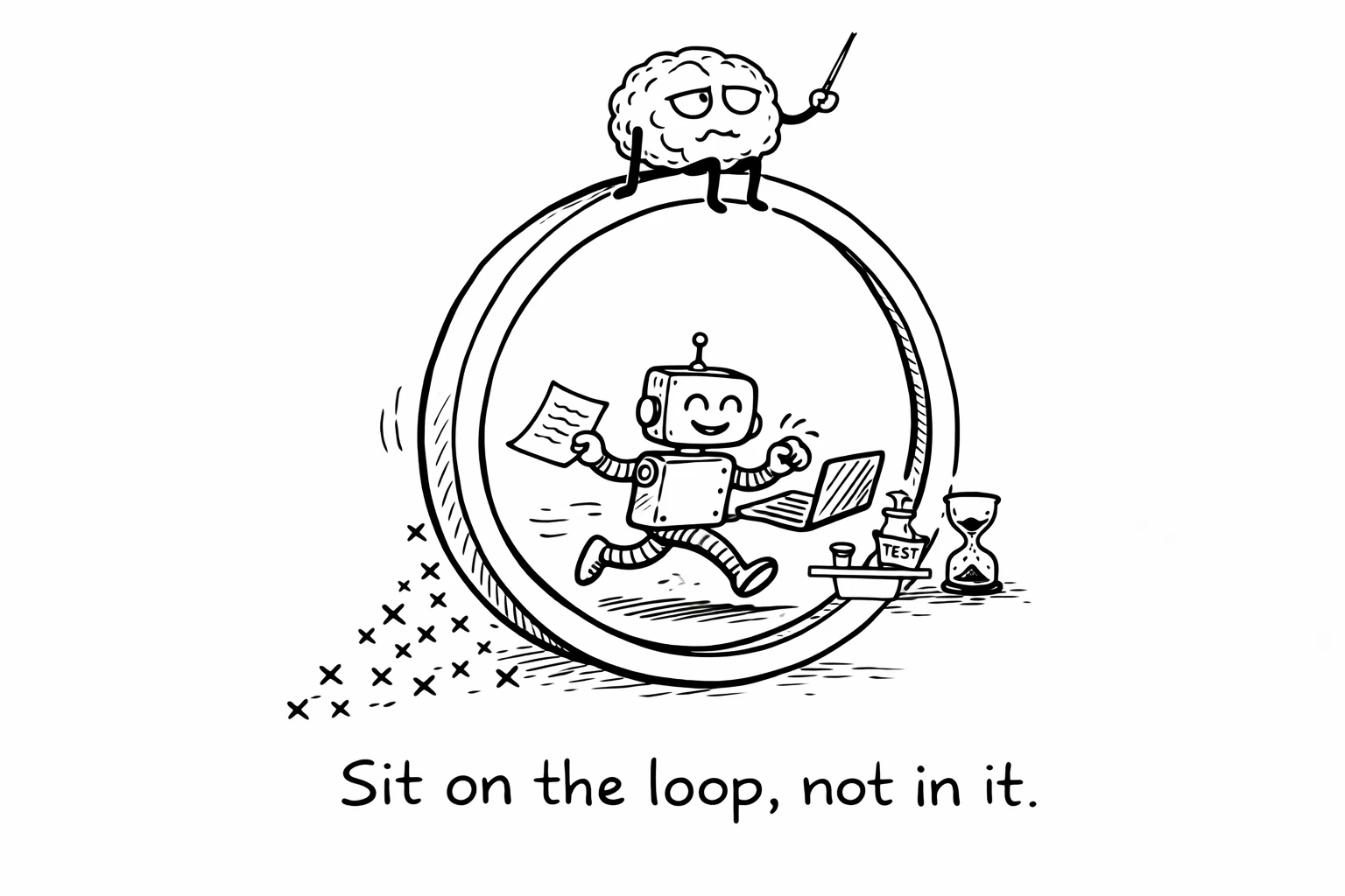 A brain sitting on top of a loop, looking calm and directing things with a conductor's baton. Below, inside the loop, an AI agent runs around doing tasks. Caption: Sit on the loop, not in it.