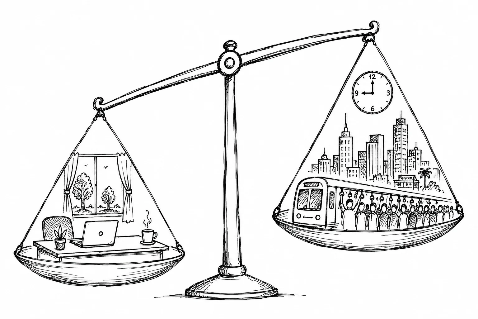 A simple scale drawing. Left side: a quiet home desk, a cup of tea, a window. Right side: a Bangalore skyline, a packed metro, a clock showing 9am. The scale tips left.