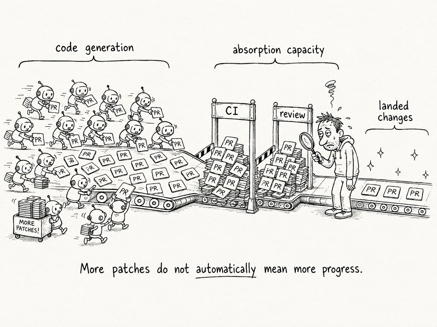 Hand-drawn conveyor belt showing many agent-generated pull requests piling up at CI and review gates, with only a smaller number emerging as landed changes.