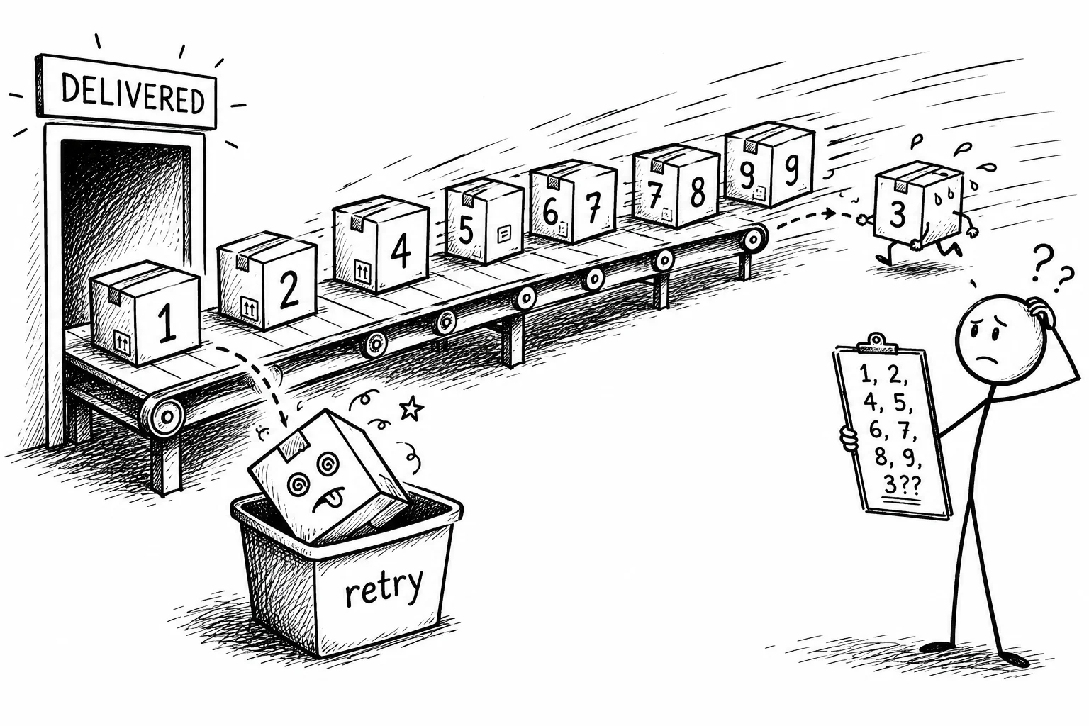 A conveyor belt delivers parcels 1, 2, and 4 through 9 while parcel 3 falls into a retry bin and rejoins at the end.