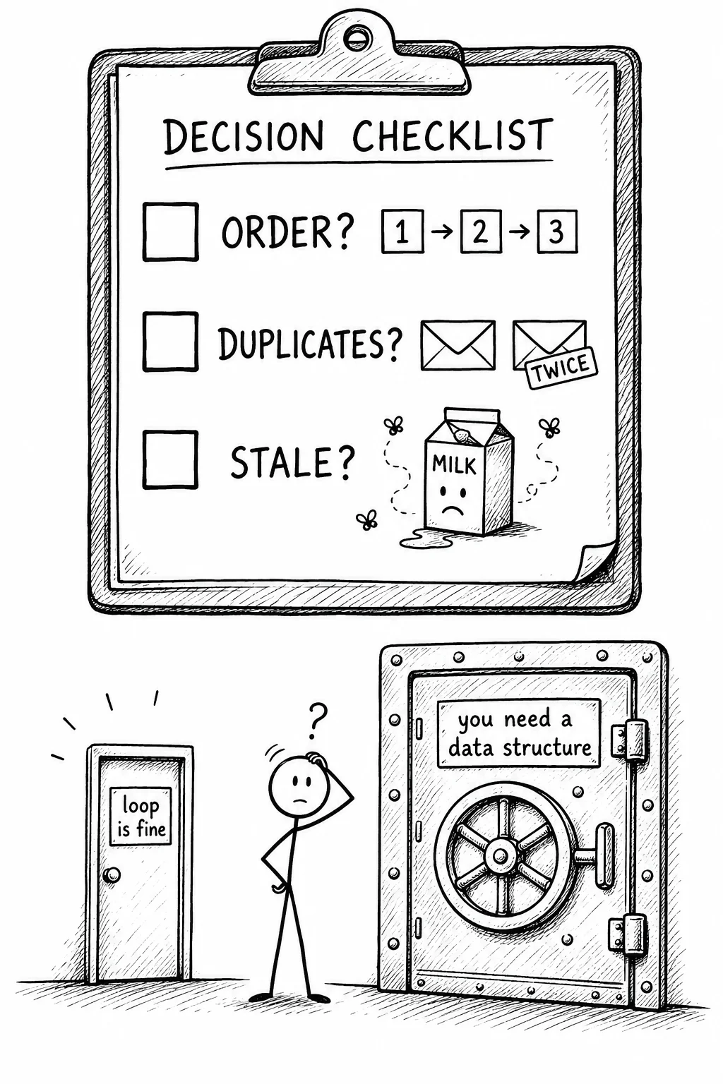 A decision checklist asks whether order, duplicates, or stale data matter before choosing between a simple loop and a data structure.