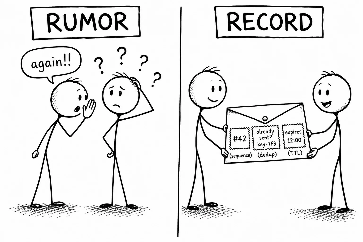 A split panel contrasts a rumor, where someone only says again, with a record, where the repeated message carries sequence, deduplication, and TTL metadata.
