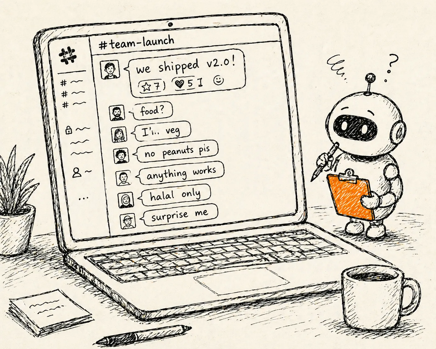 A team Slack channel. Someone has posted "we shipped v2.0!" with 12 reactions. Below it, a thread: "food?", "I'm veg", "no peanuts pls", "anything works", "halal only", "surprise me". The team lead's cursor hovers over a blank Swiggy order form. A small robot sits next to the laptop, hand raised.